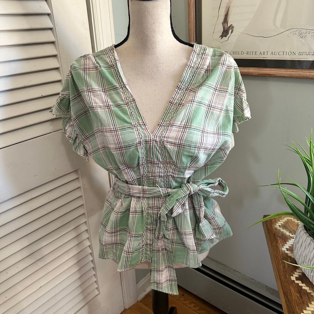 Max Studio Top Womens Large Pastel Green Plaid Dainty Belted Cowgirl Preppy Chic